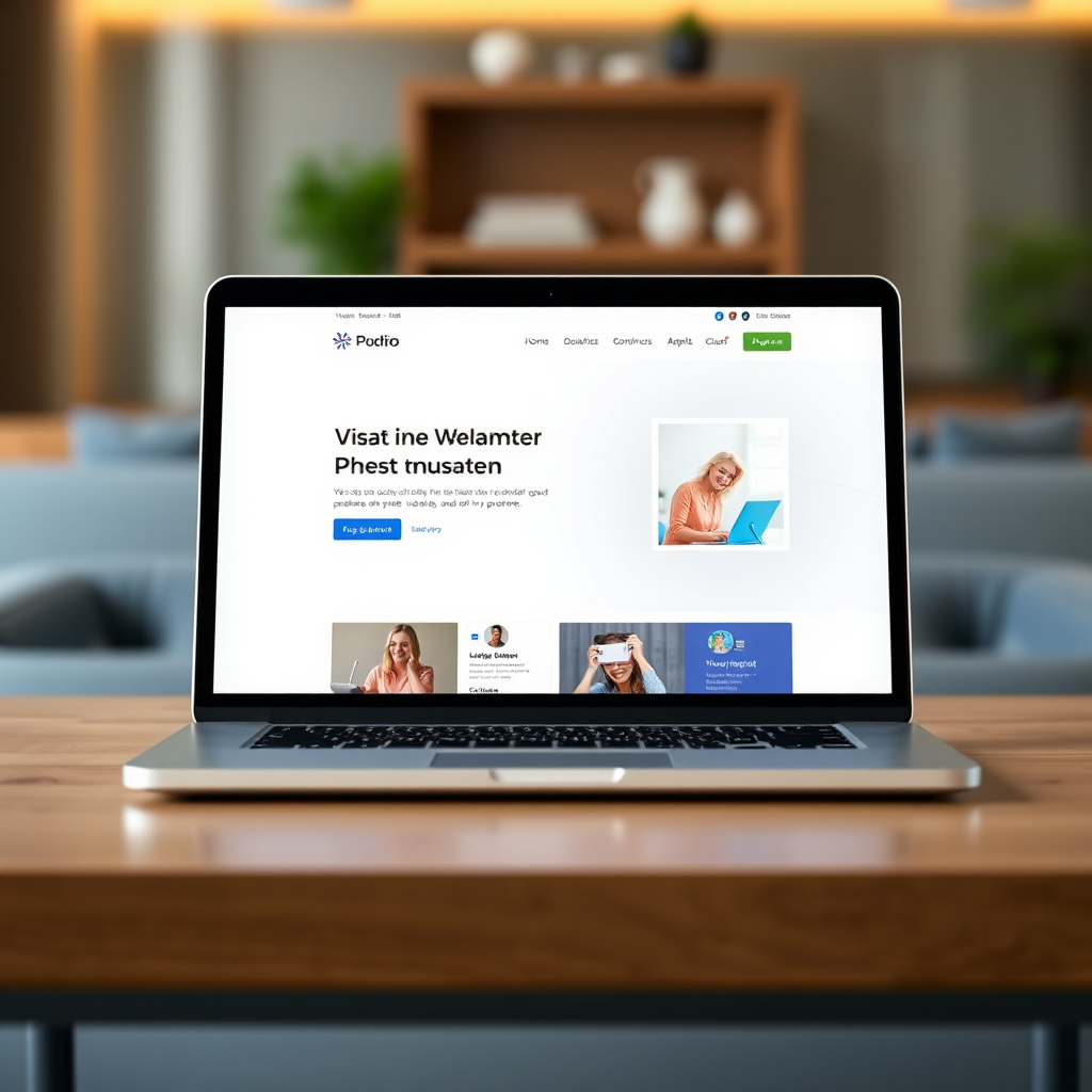 A clean and modern website design displayed on a laptop screen. The background is blurred, focusing attention on the website. The color palette is professional and inviting. 4K resolution, high quality, stylized.