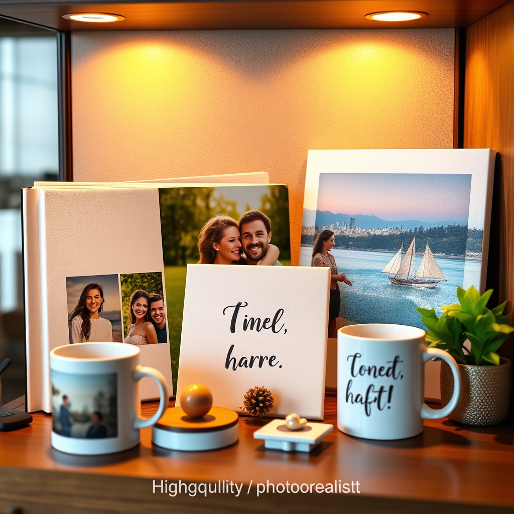 A display of various personalized items, including a photo album, a canvas print, and a custom mug. The lighting is warm and inviting, highlighting the personal touch. 4K resolution, high quality, photorealistic.