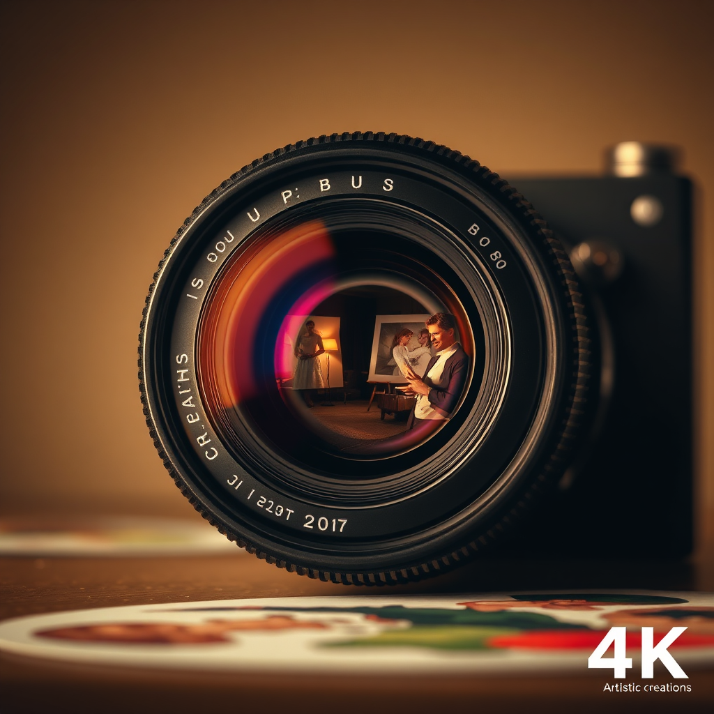A stylized, photorealistic image that represents Artistic Creations' commitment to comprehensive creative services. The composition features a central, vintage-style camera lens subtly reflecting multiple scenes: a wedding ceremony, a graphic designer working on a website layout, a restoration artist delicately retouching an old photograph, and a printing press producing vibrant prints. The color palette is a blend of classic sepia tones and modern vibrant colors, symbolizing the blend of tradition and innovation. Lighting is soft and diffused, creating a sense of warmth and nostalgia. The camera angle is slightly low, giving the lens a sense of importance. The overall style is a blend of vintage and modern aesthetics, inspired by classic photography and contemporary design. 4K resolution, high quality.