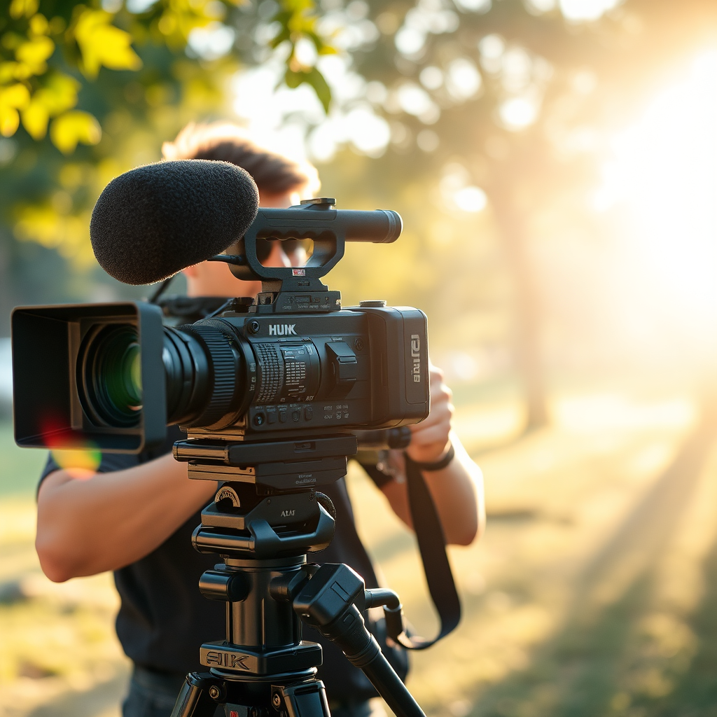A videographer filming a scene with professional equipment. Natural lighting, dynamic composition. 4K, high quality.